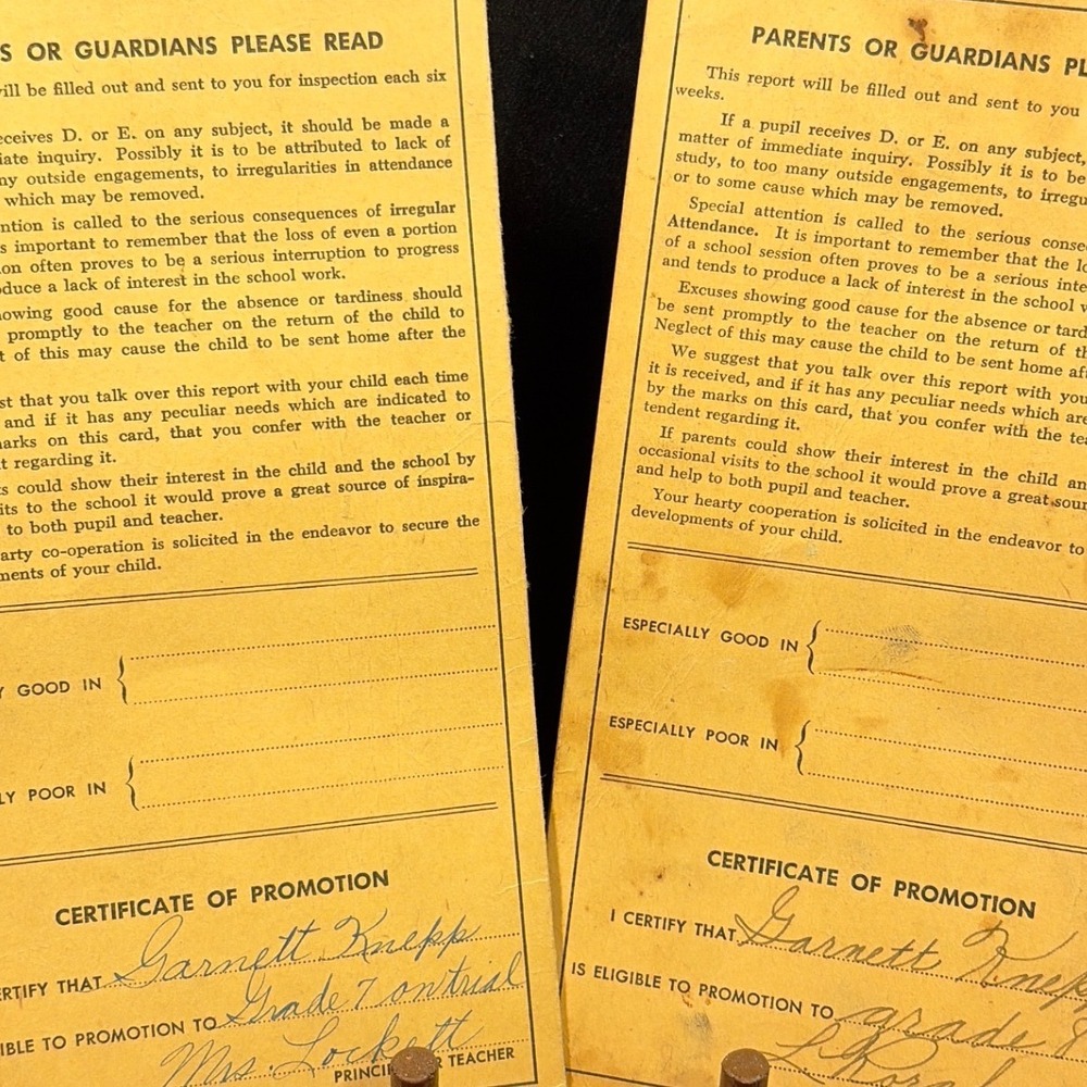 Vintage 1943 1944 Plymptonville School Report Cards Kurtz Bros Ephemera PA 2pc